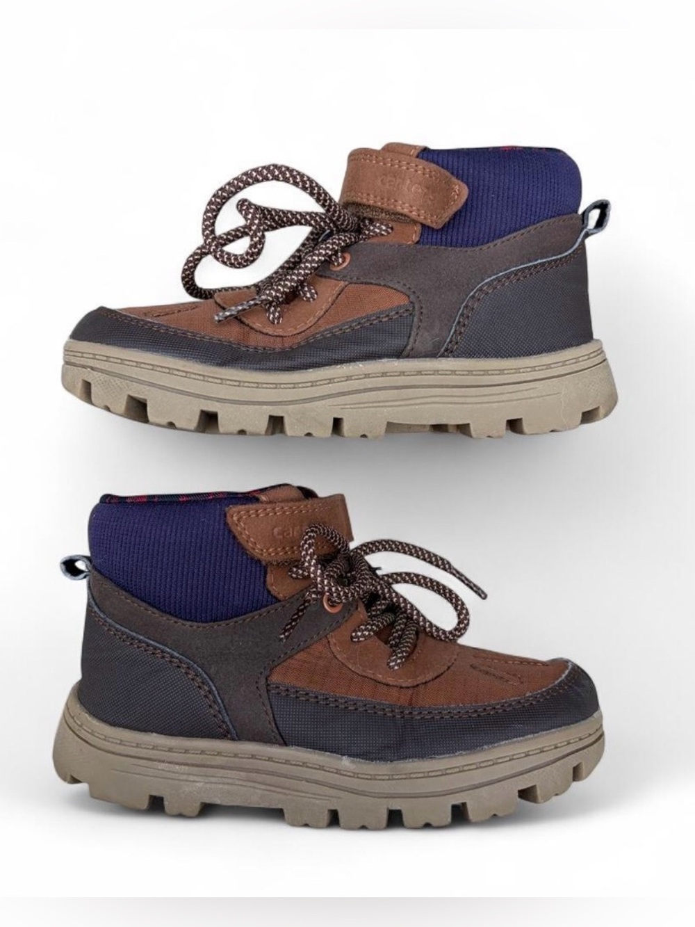 Carter's Boys Boots Size 13 in brown, gray + navy blue with red plaid lining